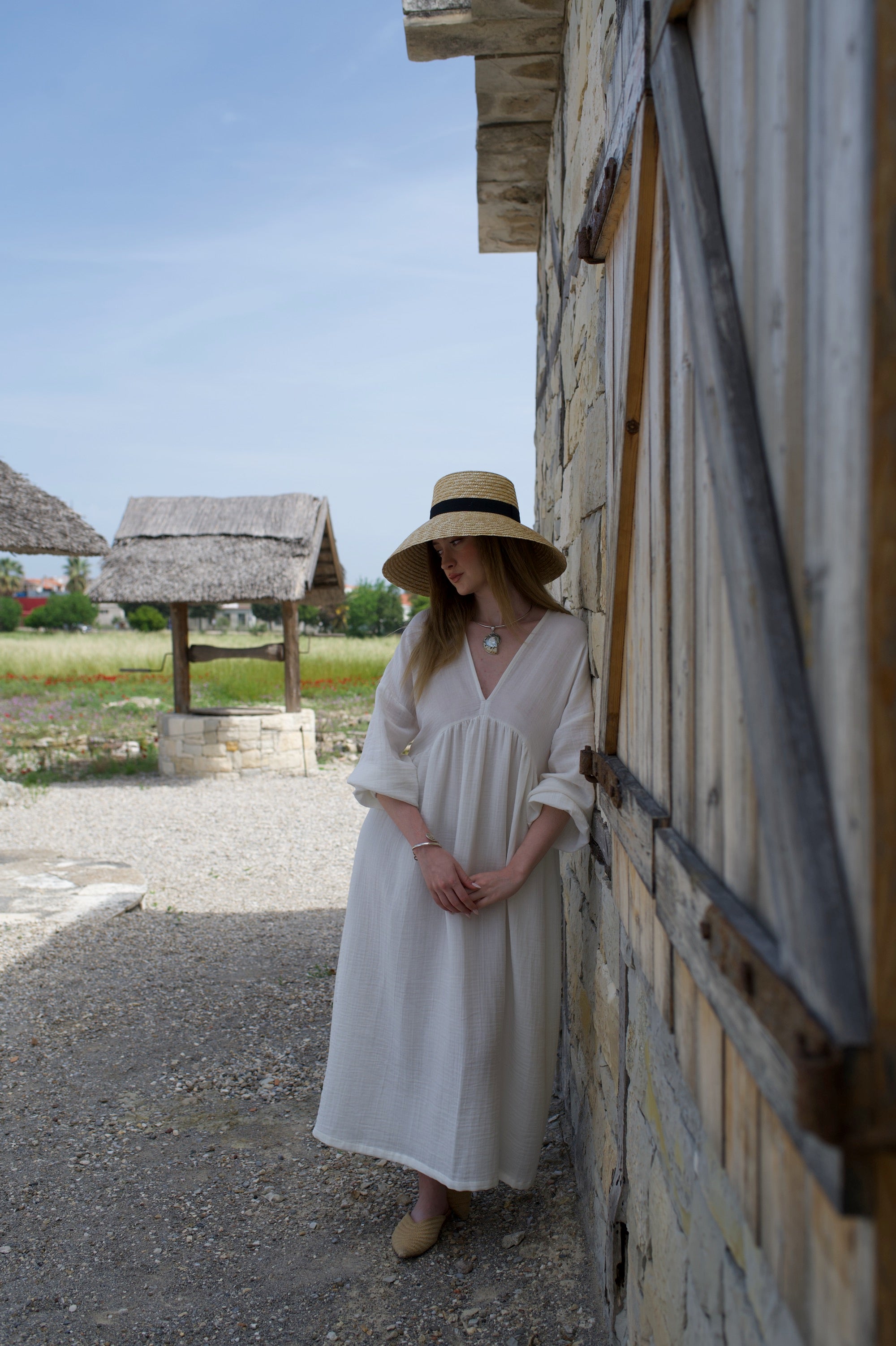 Pamuklu Bohem V Yakalı Uzun Kollu Uzun Elbise