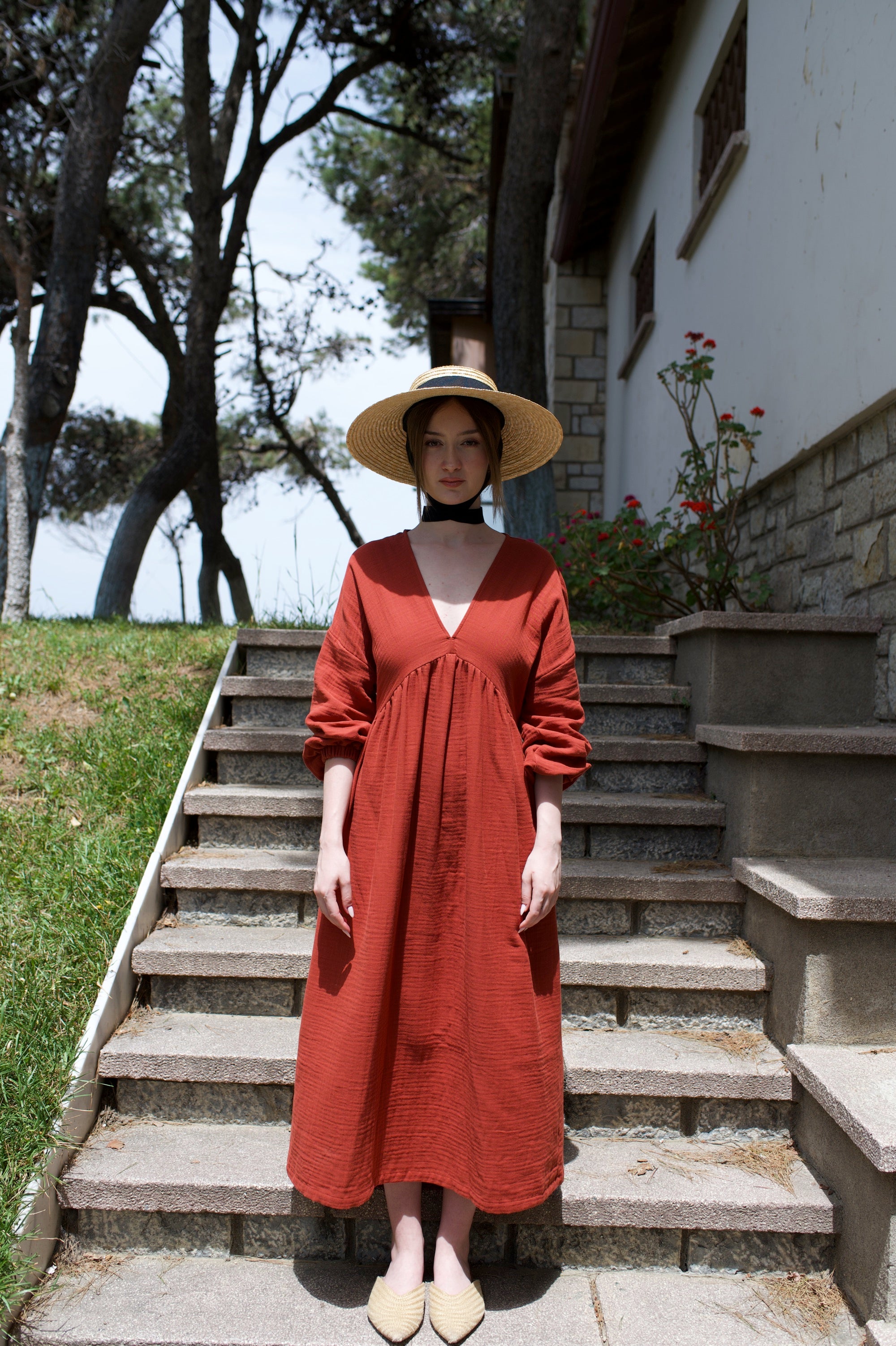 Pamuklu Bohem V Yakalı Uzun Kollu Uzun Elbise