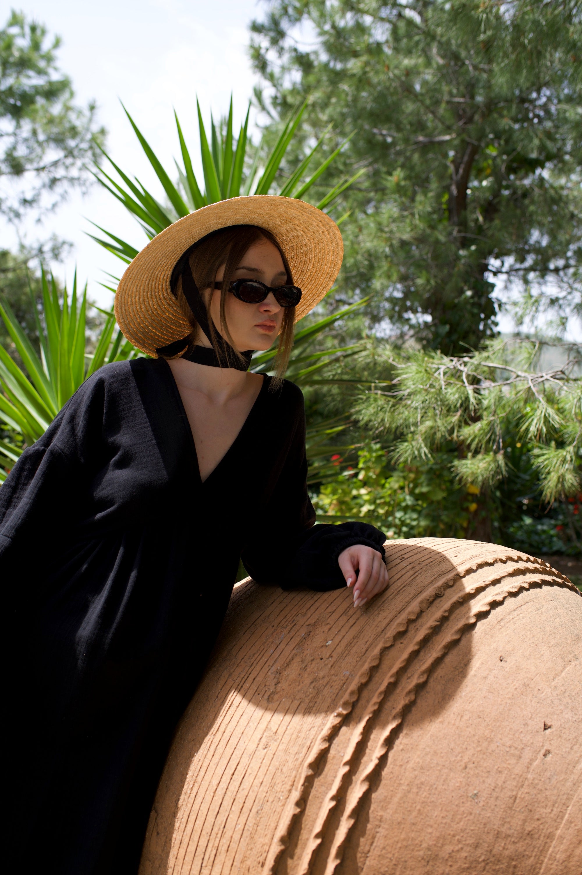 Pamuklu Bohem V Yakalı Uzun Kollu Uzun Elbise