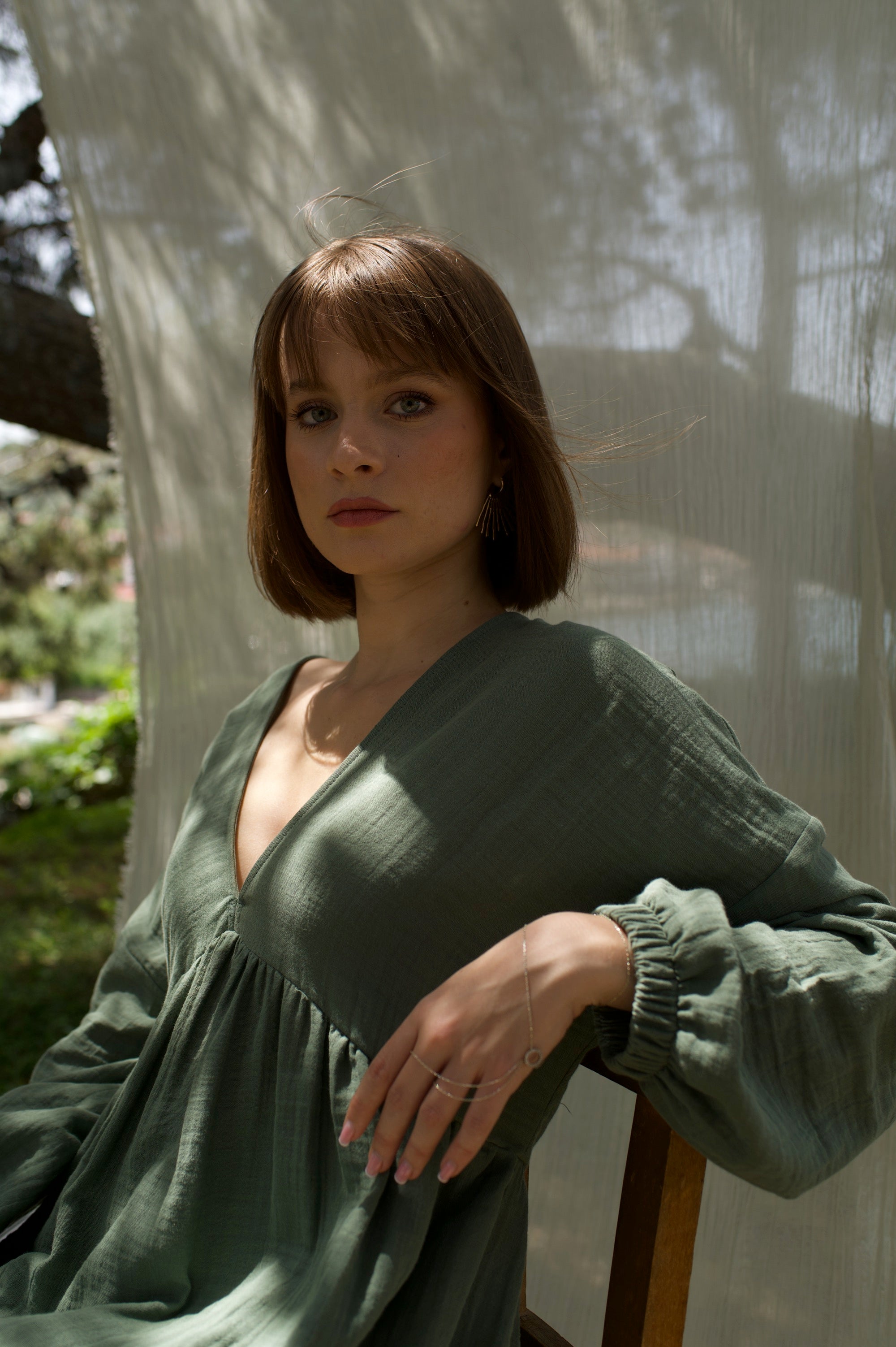 Pamuklu Bohem V Yakalı Uzun Kollu Uzun Elbise