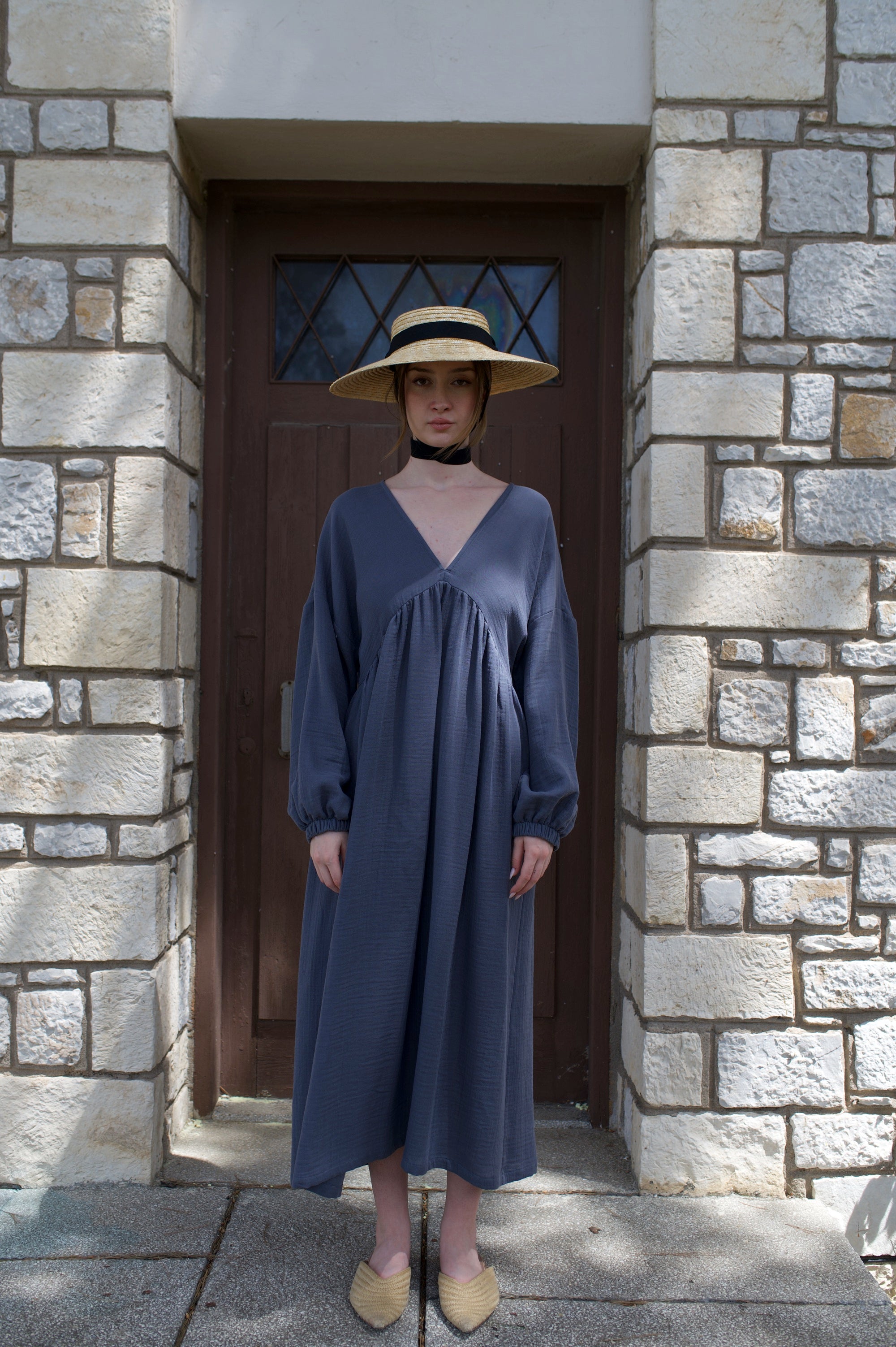 Pamuklu Bohem V Yakalı Uzun Kollu Uzun Elbise