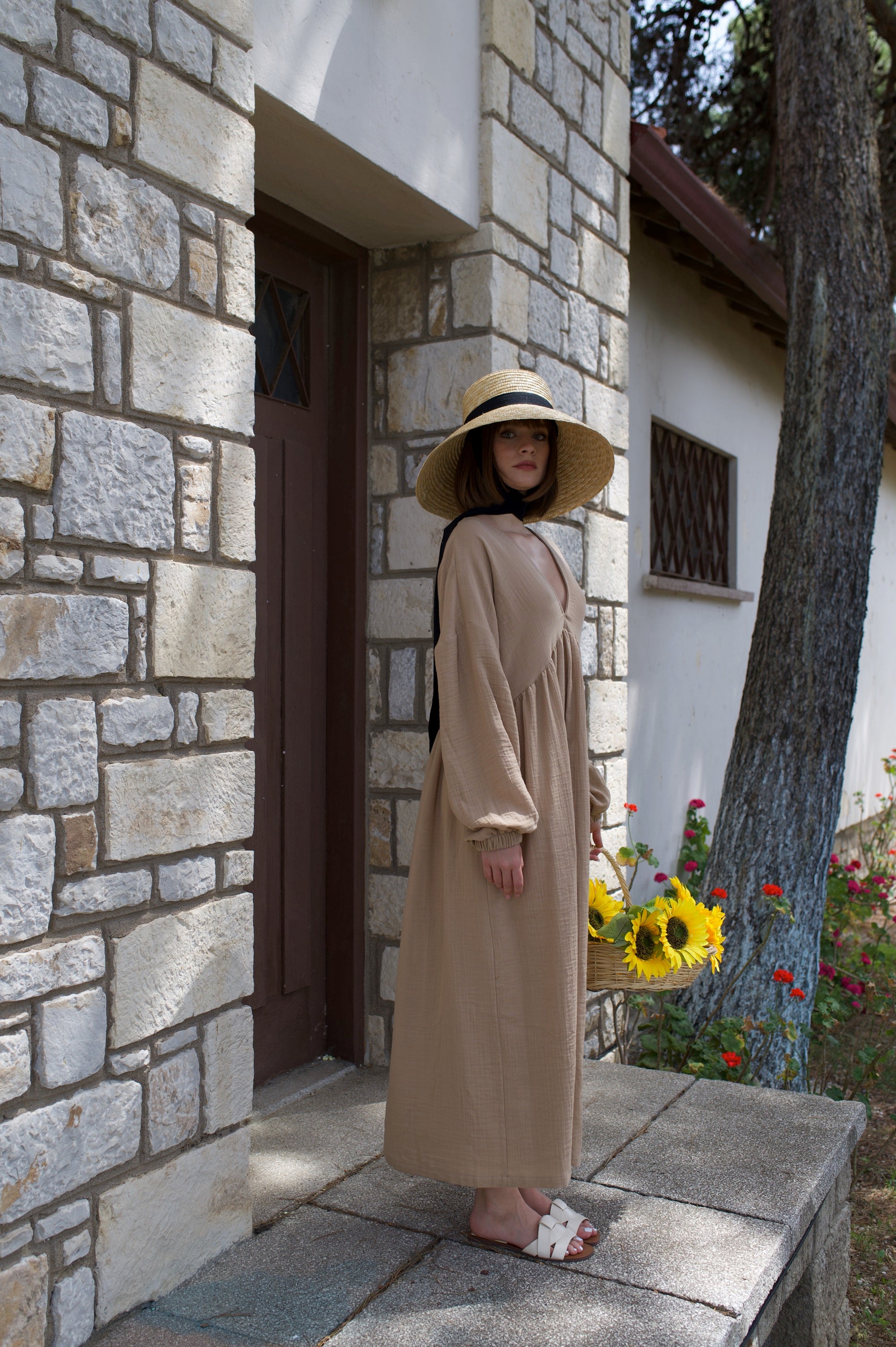 Pamuklu Bohem V Yakalı Uzun Kollu Uzun Elbise