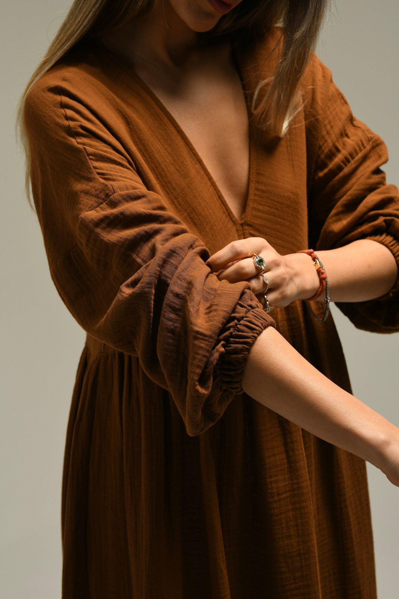 Pamuklu Bohem V Yakalı Uzun Kollu Uzun Elbise