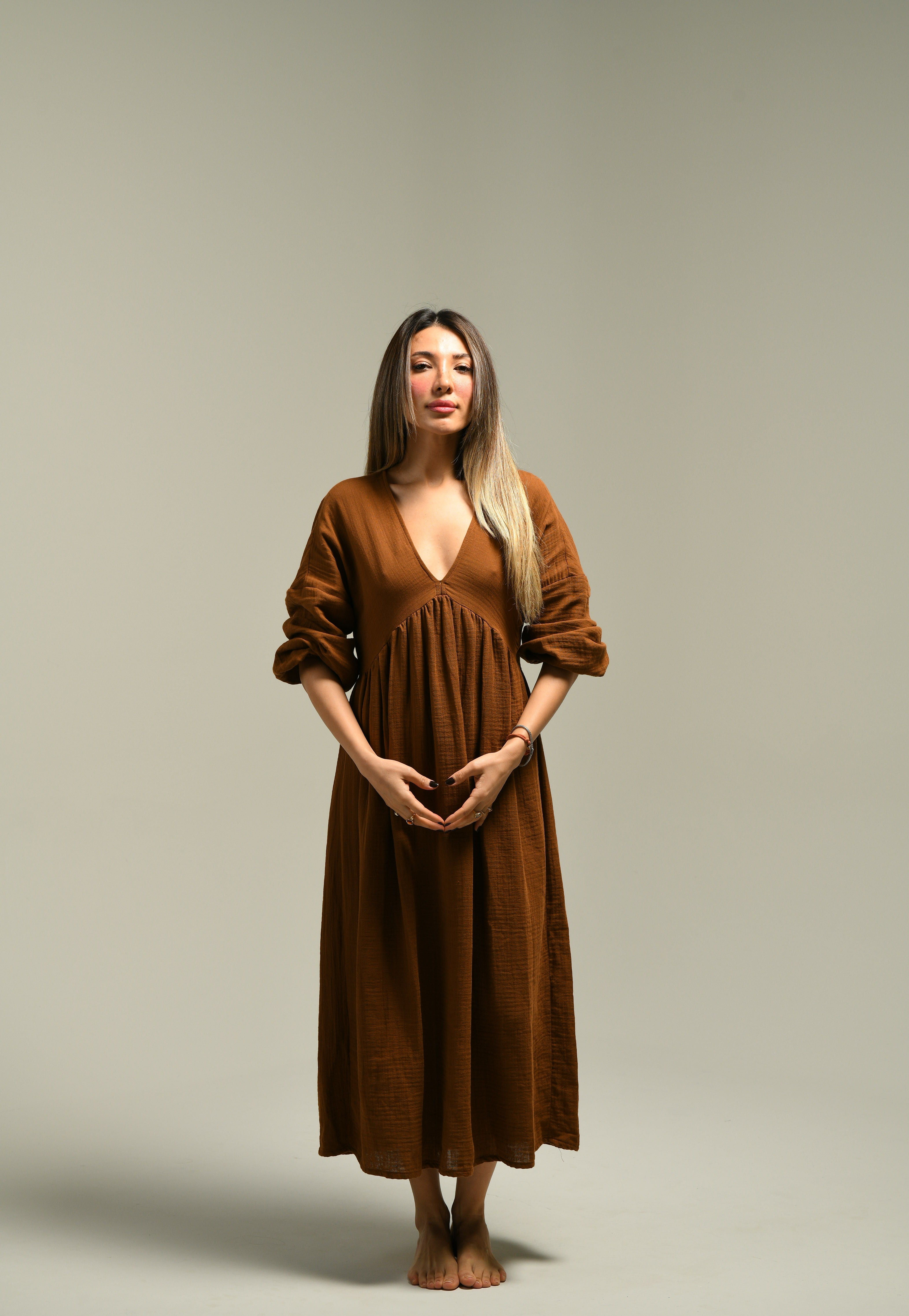 Pamuklu Bohem V Yakalı Uzun Kollu Uzun Elbise